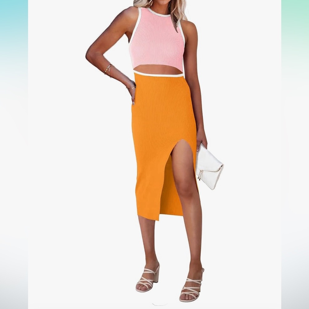 pink and Orange midi cut out dress